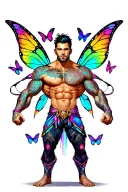 sexy adult gay male faery cartoon bodybuilder, playful, magical. Around him are butterflies, rainbows.  tattoo design idea