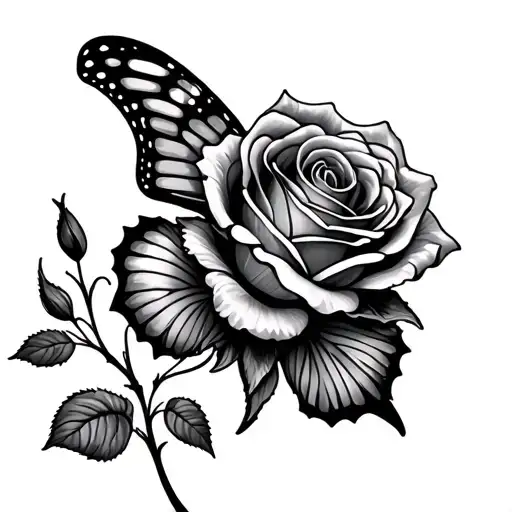 Rose big black gray, below it colored smaller butterfly forearm tattoo design idea