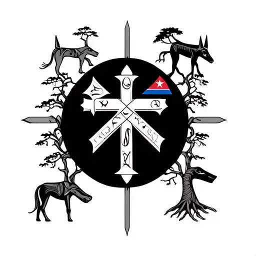 Anglo Saxon runes intertwined with trees growing. also with Anubis, a Cristian cross, with British and Azerbaijani flags tattoo design idea