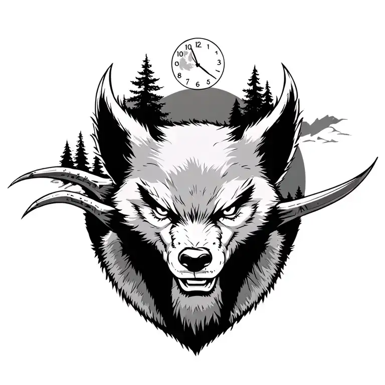 a gentle but fierce Wolverine animal in the wild showing its claws with the forest, moon, and clock in the background tattoo design idea