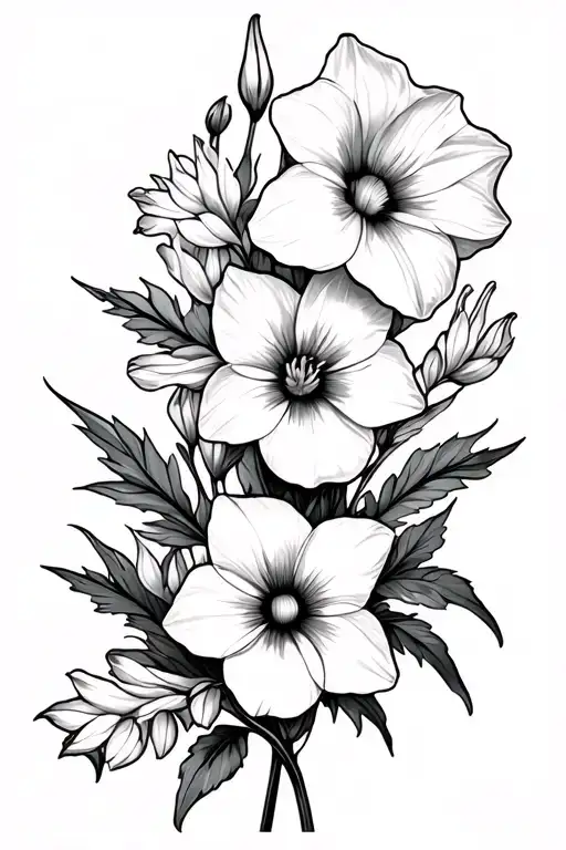 Daffodil And Morning Glory and larkspur flowers intertwined tattoo design idea