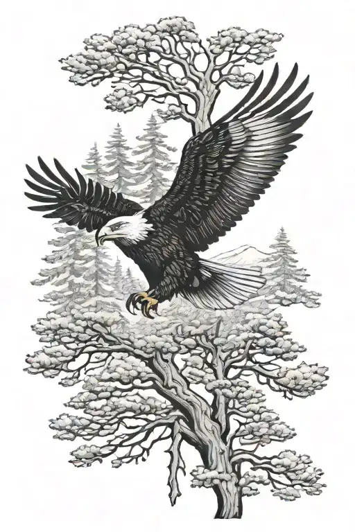 A majestic eagle soaring through a forest of pine trees tattoo design idea