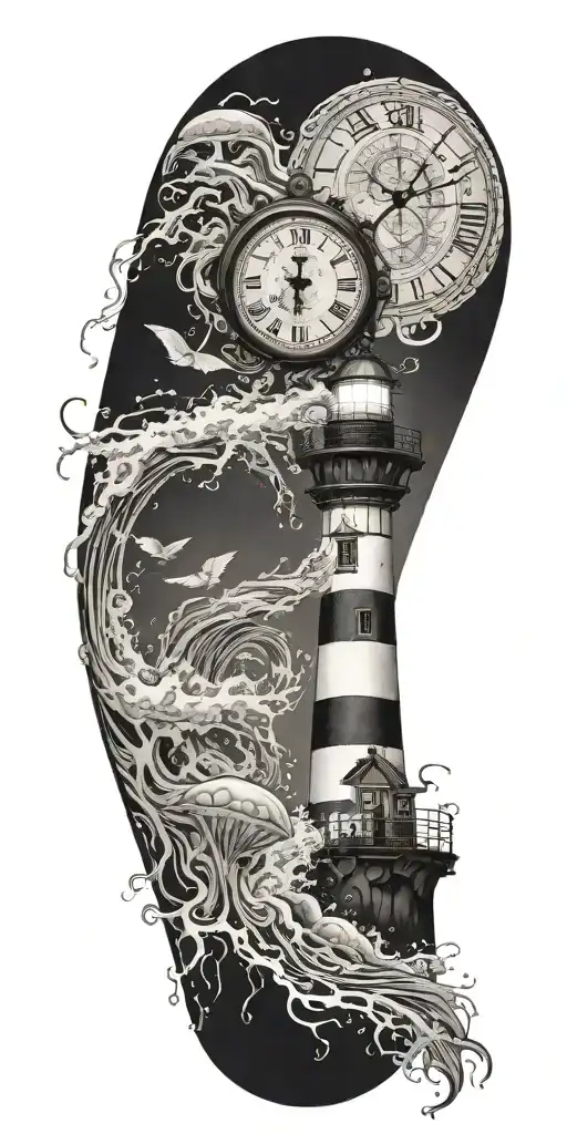 lighthouse waves crashing clock and jelly fish tattoo design idea