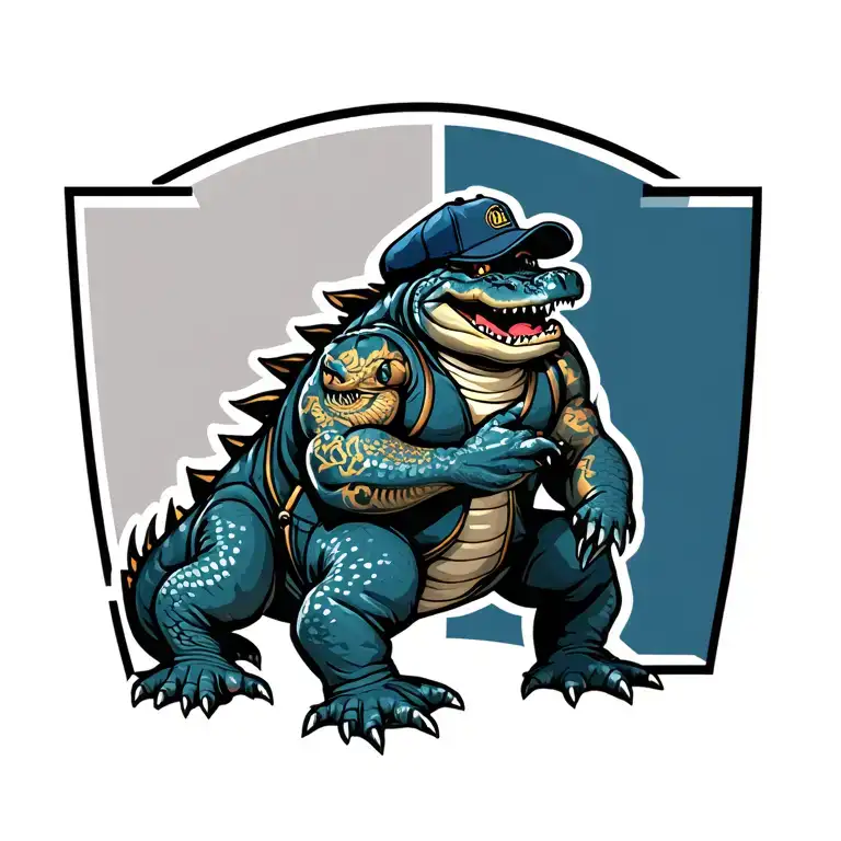 Muscular alligator wearing Navy ball cap and coveralls. Alligator has shellback and golden dragon tattoos on his arms. tattoo design idea