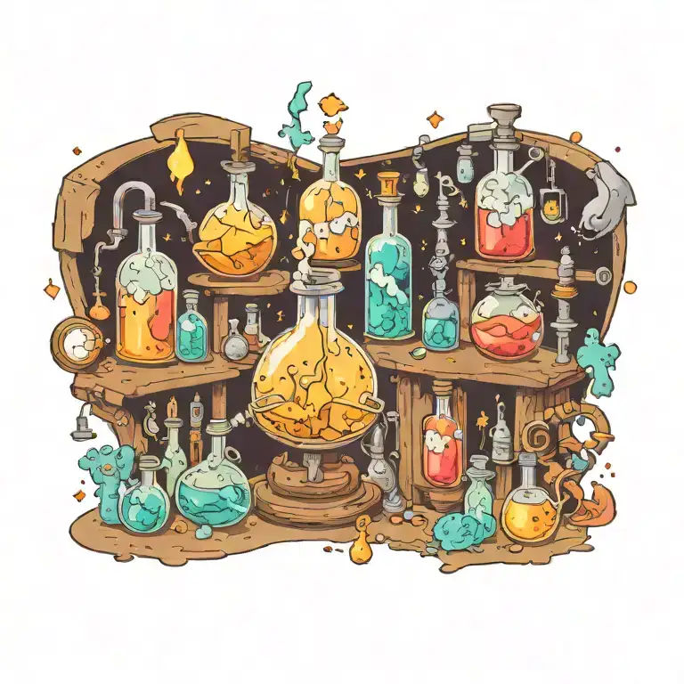 A neotraditional design of a chemist's laboratory filled with fantastical elements like floating crystals and glowing potions, surrounded by religious symbols tattoo design idea