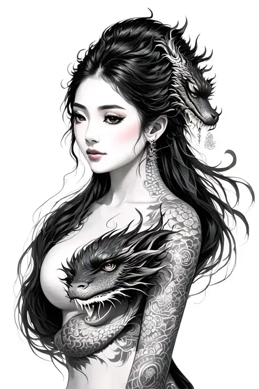 Vietnamese lady with dragon wrapped loosely tattoo design idea