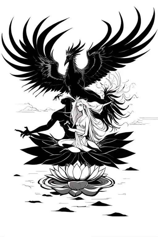 ikki of the Phoenix attacking shaka of the virgin. the phoenix represents ikki and shaka is cross-legged in a lotus tattoo design idea