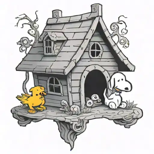 Evil Snoopy and Woodstock on gothic doghouse tattoo design idea