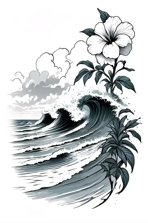 waves crashing on the beach with small hibiscus along right side tattoo design idea