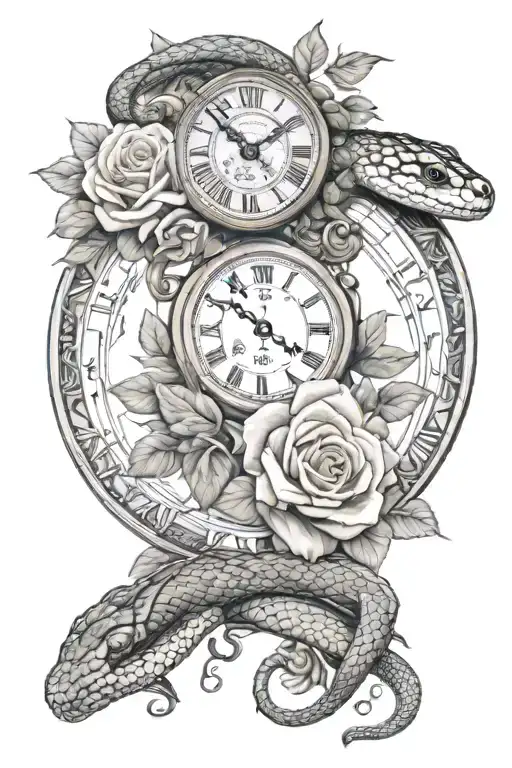 roses a snake and a Roman clock face tattoo design idea