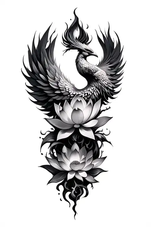 lotus flower and phoenix rising from ashes tattoo design idea