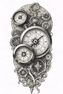 stopwatch and compass with scroll with map background tattoo design idea