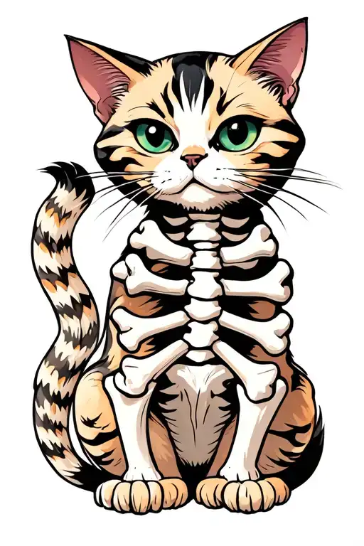 weird cat with bones showing her back tattoo design idea