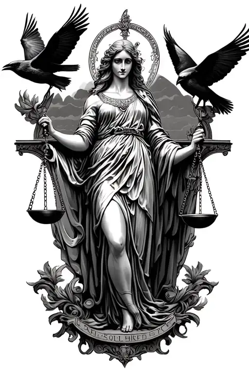 Roman Goddess of Justice Ilustitia holding scales with two crows flying around her as death, in a anime style tattoo design idea