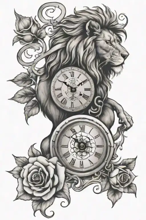 lion and rose and clock melting tattoo design idea