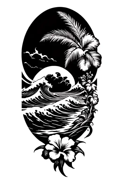 ocean waves on beach with palm and hibiscus vine on right tattoo design idea