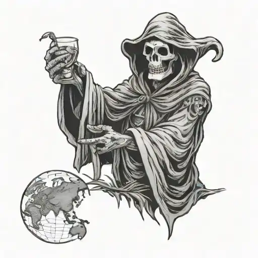 gin reaper holding world map inside tattoo design idea