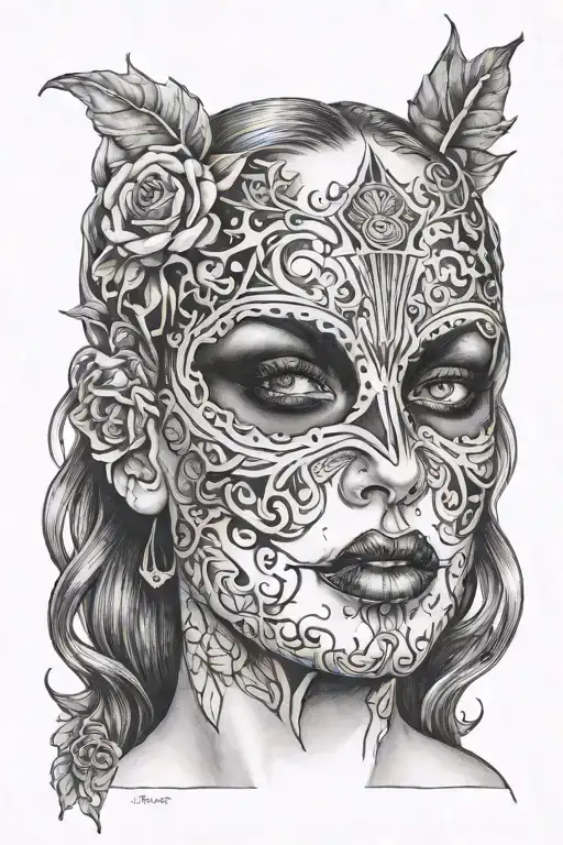 almost naked woman with narcissistic perverse mask tattoo design idea