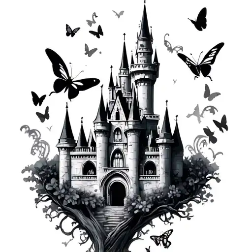 Disney film inspired tattoo of a black and grey castle with hidden cat and butterfly elements throughout the design tattoo design idea