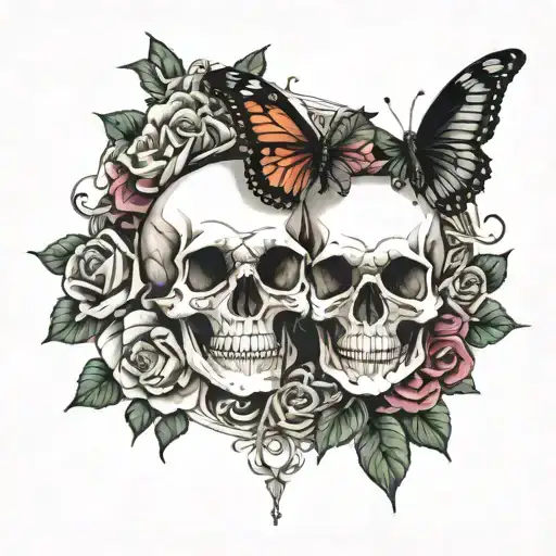 skull and roses and butterflies surround and the name Chasity   tattoo design idea