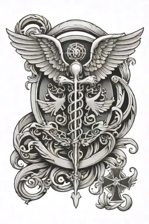 caduceus with  Maltese cross and wings tattoo design idea