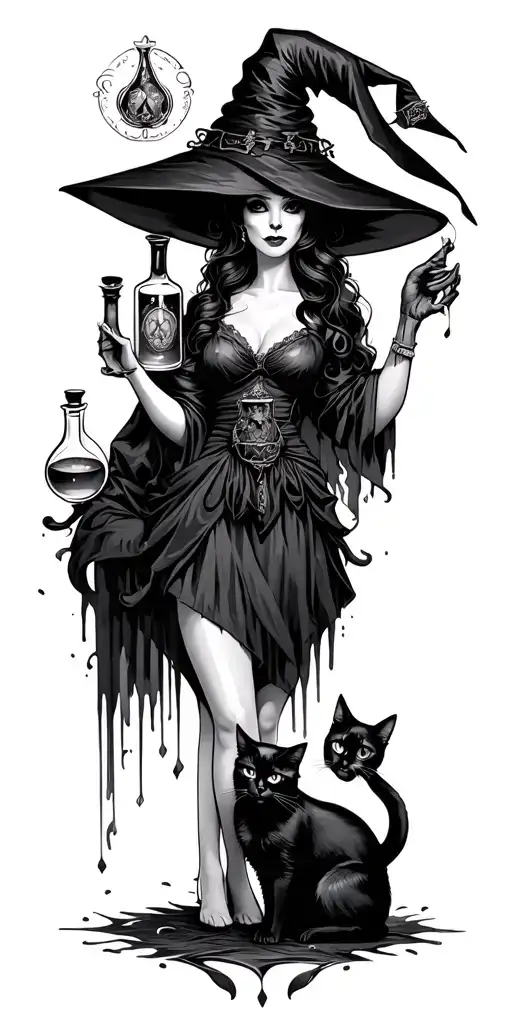 feminine dark witch gramiore with potion bottles and black cat. use the tatot cards the emporor and death with a cat on  tattoo design idea