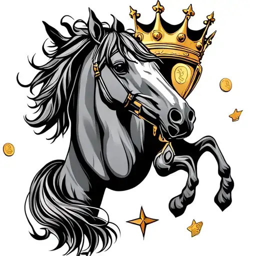 symbols for horse, stars, crown, trophy, two pennies tattoo design idea