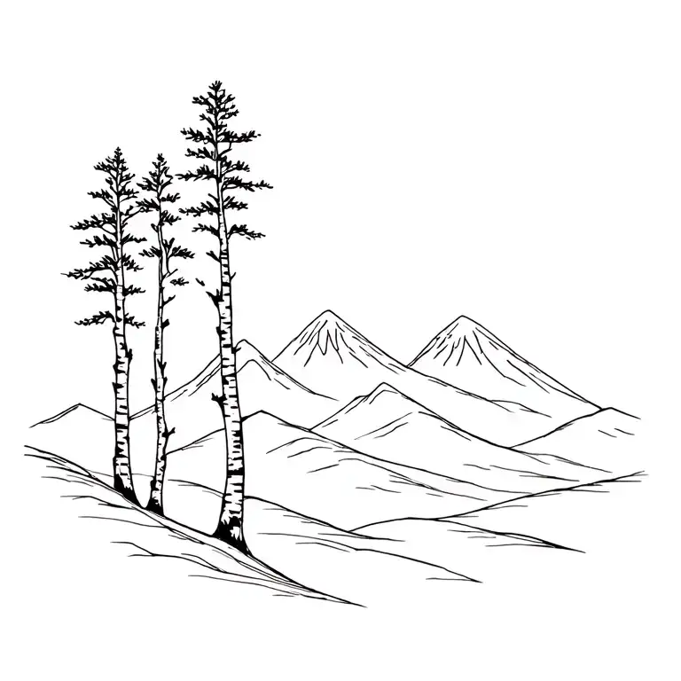 birch trees with mountains in the background tattoo design idea