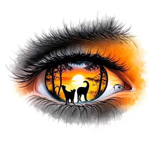 REALISTIC EYE WITH WOODS AND 3 CATS PLAYING WITH SUNSET IN THE REFLECTION OF THE EYE tattoo design idea
