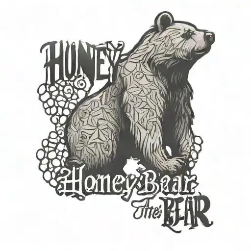 "honey bear" script tattoo with a bear and honeycomb designed into the words tattoo design idea