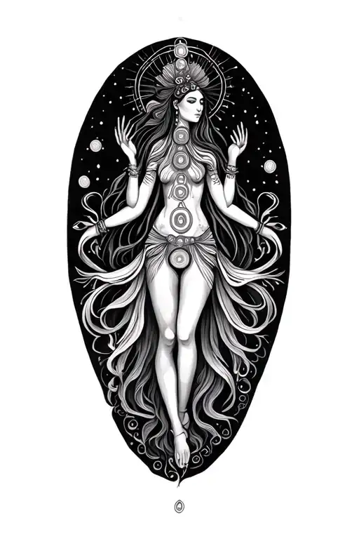 spiritual Woman with with all 7 sanskirt chakras intertwined tattoo design idea