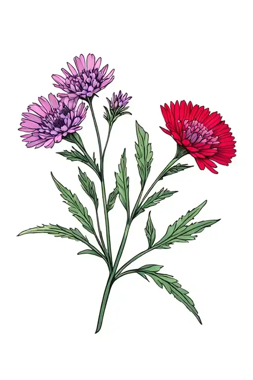lilac, pink and red aster flower that blooms little by little tattoo design idea