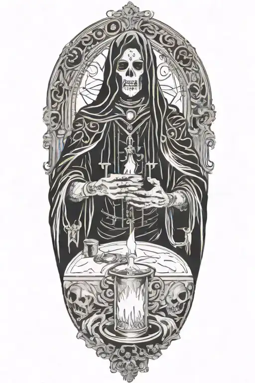 Masked cultist performing ritual, jewelry, tarot cards, candles tattoo design idea