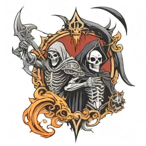 ornate angle and grim reaper fighting over souls  tattoo design idea