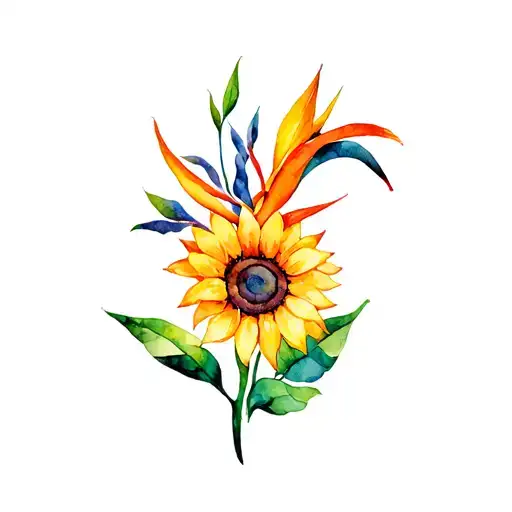 sunflower with a mexican bird of paradise and a mango calle lily tattoo design idea