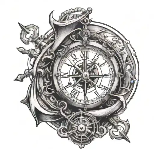 ship, anchor, compass, clock face tattoo design idea