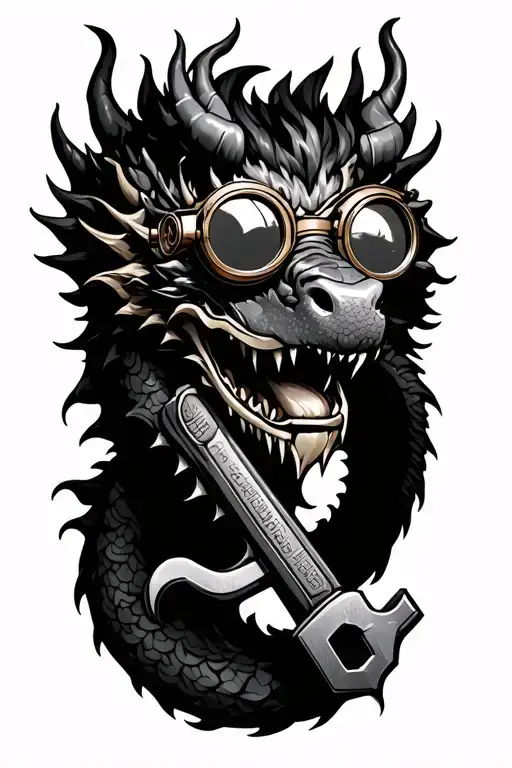 realistic chinese dragon wearing steampunk goggles, wrapped around a steam punch styled wrench tattoo design idea