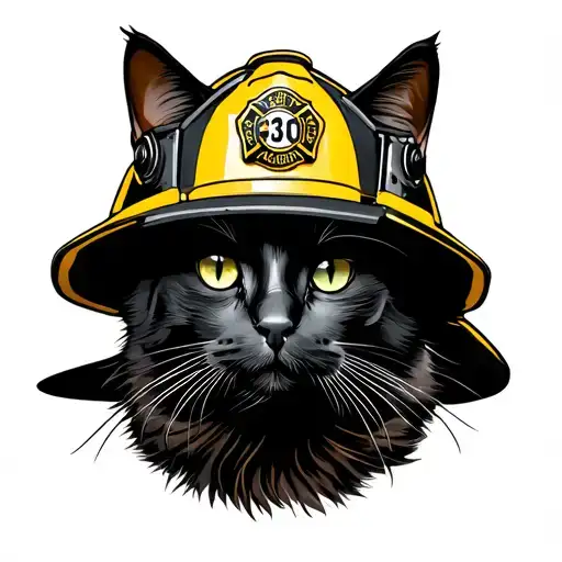 Black cat wearing a firefighter helment with a 343 sheld  tattoo design idea