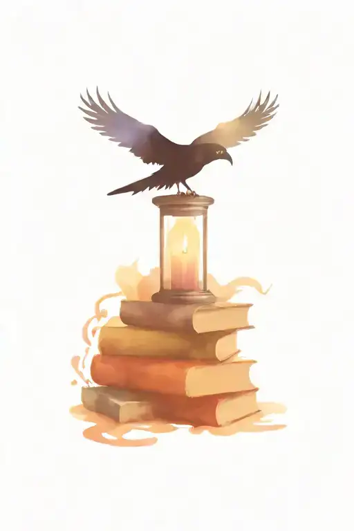 Stack of books with raven, skull, hourglass, flying dragon, candle  tattoo design idea
