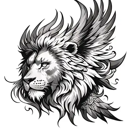 phoenix and lion head emerging tattoo design idea