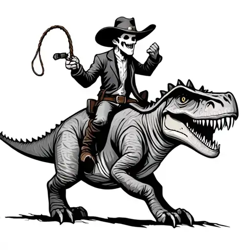 cowboy ghost holding a lasso and wearing a cowboy hat riding a dinosaur in cartoonish style tattoo design idea