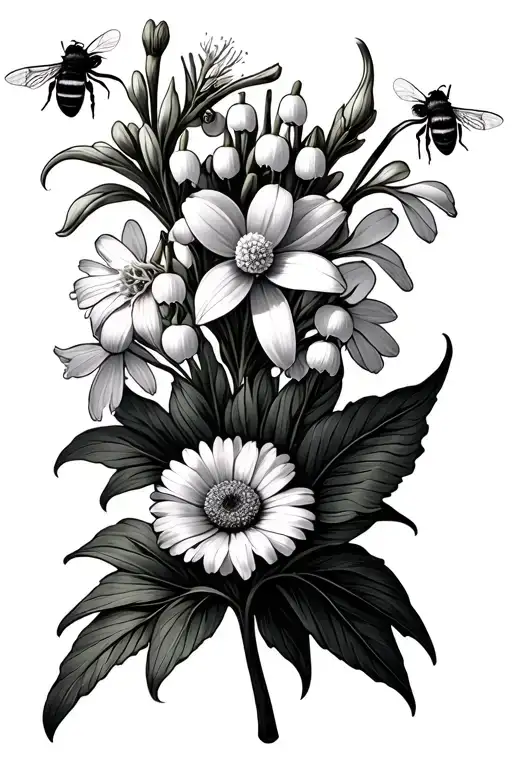 lily of the valley, larkspur, aster, marigold, daffodil, aster, 2 bees tattoo design idea
