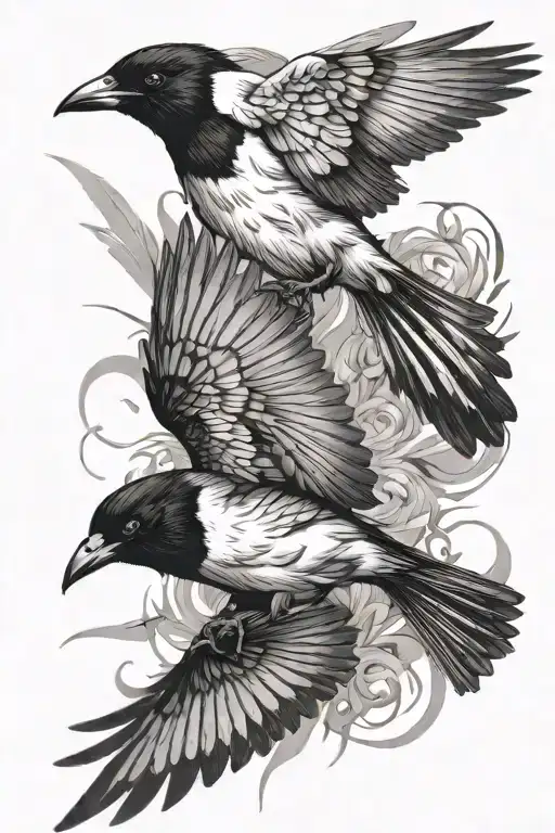 two magpies rough sketch flying black grey tattoo tattoo design idea