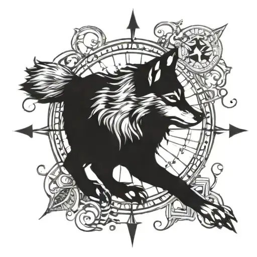 wolf compass moon tattoo design idea