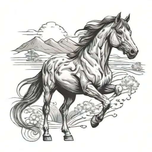 field with horse in japanese style of realism and graphics tattoo design idea