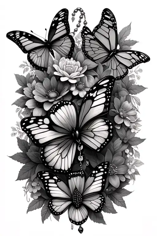 several butterfly with flowers and a rosary tattoo design idea