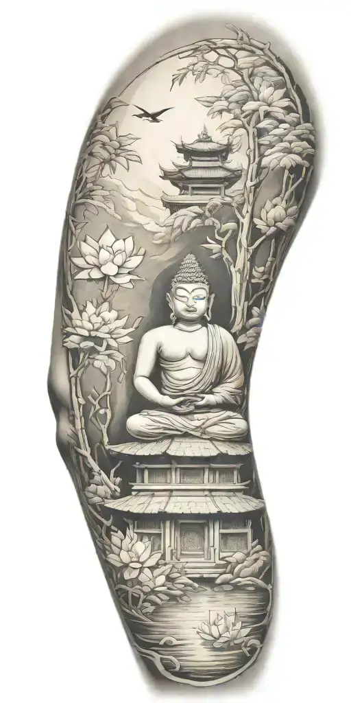 traditional scenario of nature inspired by Buddhist symbols. include bamboo, lotus, koi fish and small buddah tattoo design idea