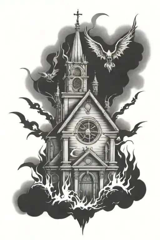 burning church with devils head underneath tattoo design idea