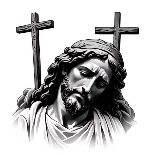 Jesus face looking down , very realistic and 3 crosses on Calvary hill behind tattoo design idea