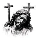 Jesus face looking down , very realistic and 3 crosses on Calvary hill behind tattoo design idea